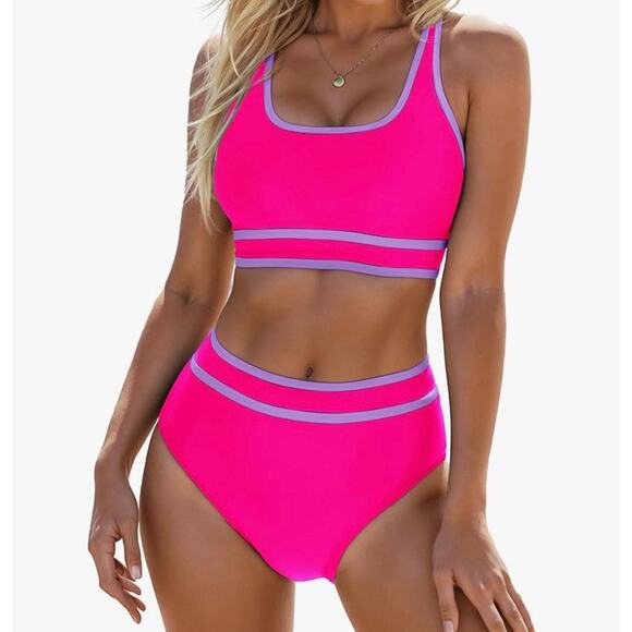 Blooming Jelly Other - Blooming Jelly High Waist Bikini Set Pink Purple Color Block Medium 2 Piece Suit
